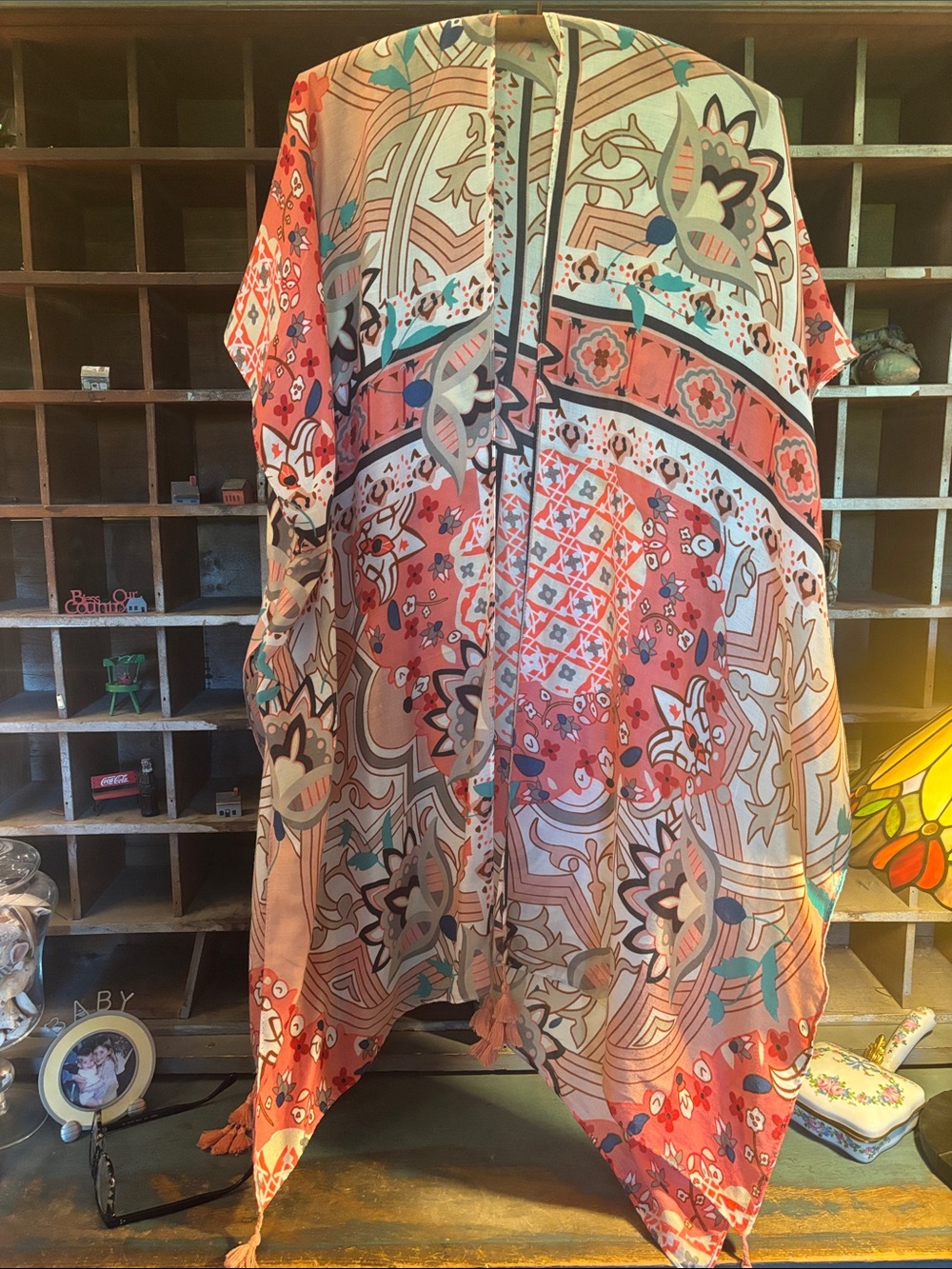 Free People Flowy Bohemian Kimono Cover-Up in Coral and Teal